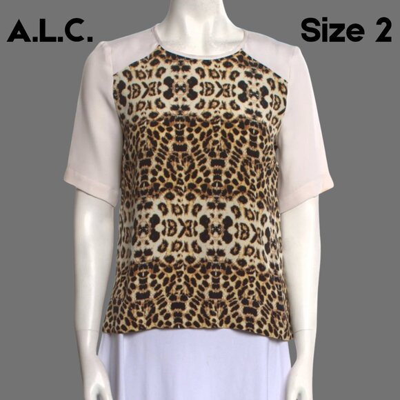A.L.C. Silk Leopard Print Short Sleeve Top – Size 2 - Picture 1 of 8